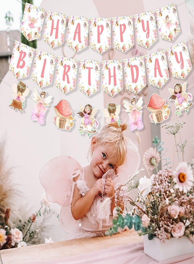 Fangleland Fairy Birthday Banner Decorations for Girls, Fairy Garland Happy Birthday Decors, Fairy Garden Pink Floral Theme Hanging Banners Birthday Party Supplies for 1 2 3 4 5 6 Year Old Girl - Image 3