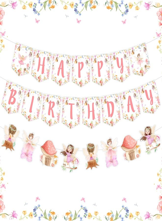 Fangleland Fairy Birthday Banner Decorations for Girls, Fairy Garland Happy Birthday Decors, Fairy Garden Pink Floral Theme Hanging Banners Birthday Party Supplies for 1 2 3 4 5 6 Year Old Girl - Image 1