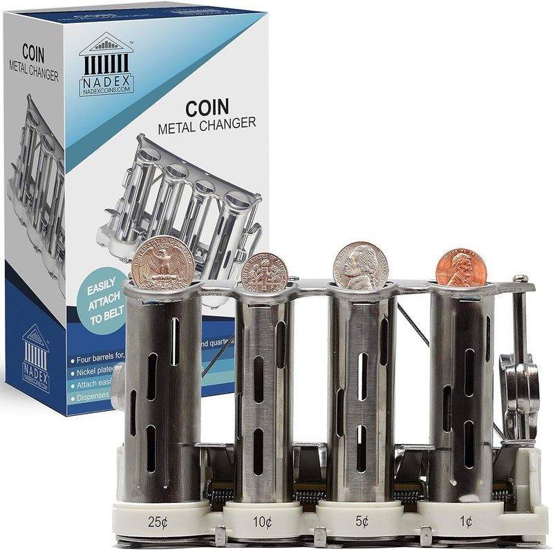 Nadex 4 Barrel Steel Coin Dispenser Money Changer with Belt Clips (Silver) - Image 1