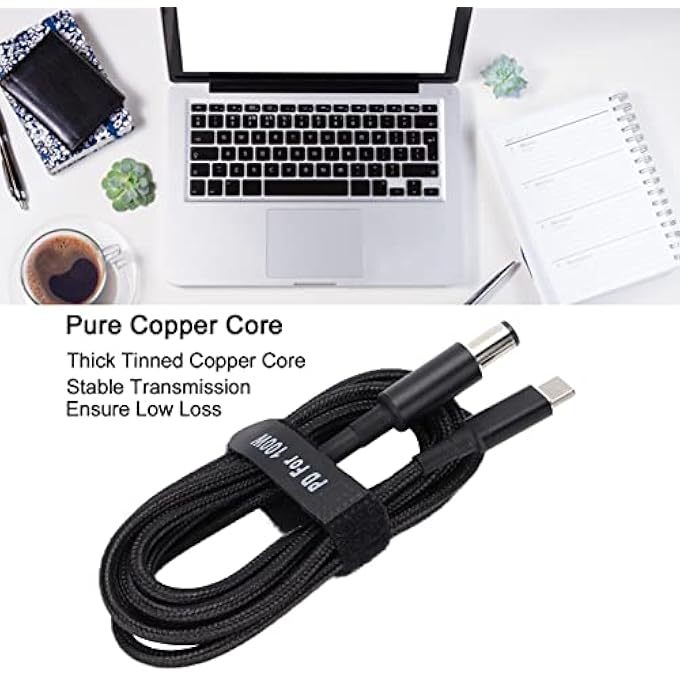 rayihni كابل شحن لابتوب USB C إلى DC، 20 فولت 5 أمبير 100 واط شحن سريع USB C إلى محول DC نوع C ذكر إلى DC 7.4 × 5.0 مم كابل طاقة لابتوب لديل إنسبيرون N3010 N3110 (JD0605-3(3M)) - Image 2
