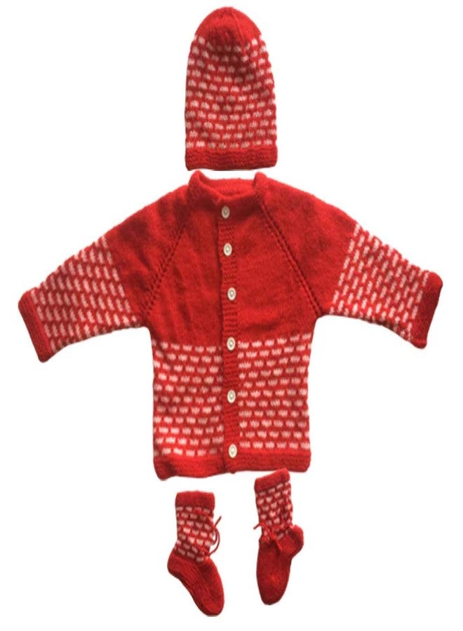 Cute Collection Handmade Woolen Sweater with Cap and Socks Set for Winter 0-6 Months Baby and New Born Baby Red with White - Image 1