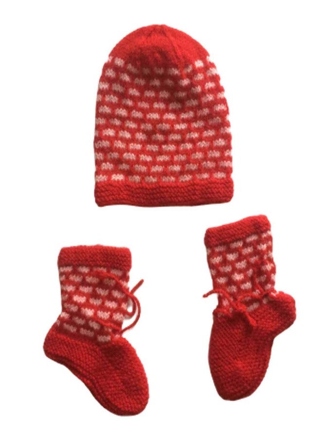 Cute Collection Handmade Woolen Sweater with Cap and Socks Set for Winter 0-6 Months Baby and New Born Baby Red with White - Image 5