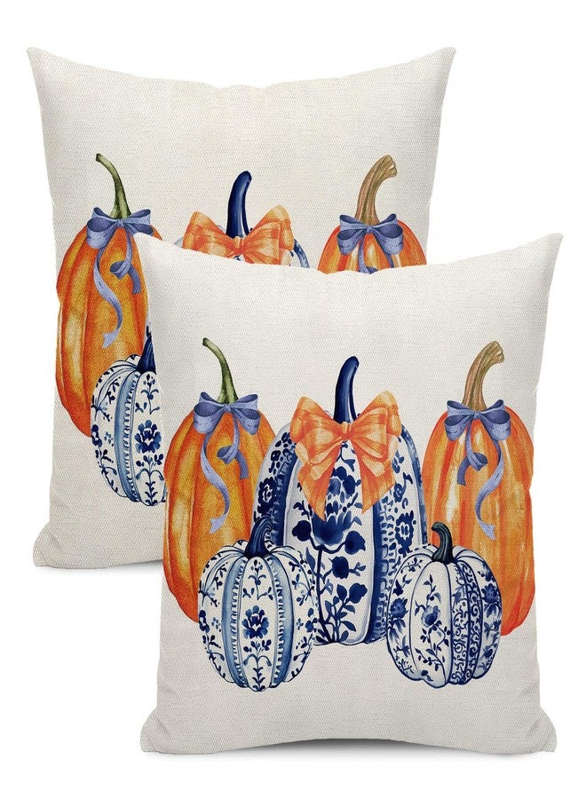 OFIRD Fall Pillow Covers 18x18 Pack of 2 Chinoiserie Blue and Orange Pumpkin Throw Pillow Covers Outdoor,Fall Thanksgiving Decoration Pillowcase Autumn Decor Farmhouse Cushion Case for Couch Sofa - Image 1