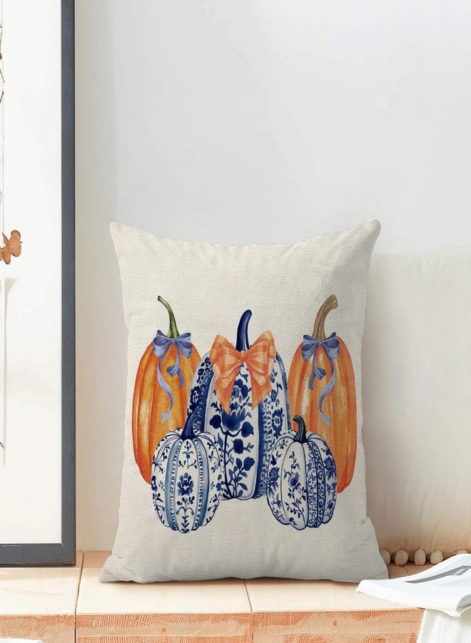 OFIRD Fall Pillow Covers 18x18 Pack of 2 Chinoiserie Blue and Orange Pumpkin Throw Pillow Covers Outdoor,Fall Thanksgiving Decoration Pillowcase Autumn Decor Farmhouse Cushion Case for Couch Sofa - Image 3