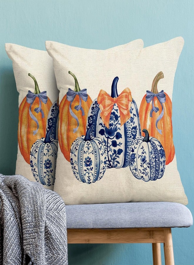 OFIRD Fall Pillow Covers 18x18 Pack of 2 Chinoiserie Blue and Orange Pumpkin Throw Pillow Covers Outdoor,Fall Thanksgiving Decoration Pillowcase Autumn Decor Farmhouse Cushion Case for Couch Sofa - Image 4