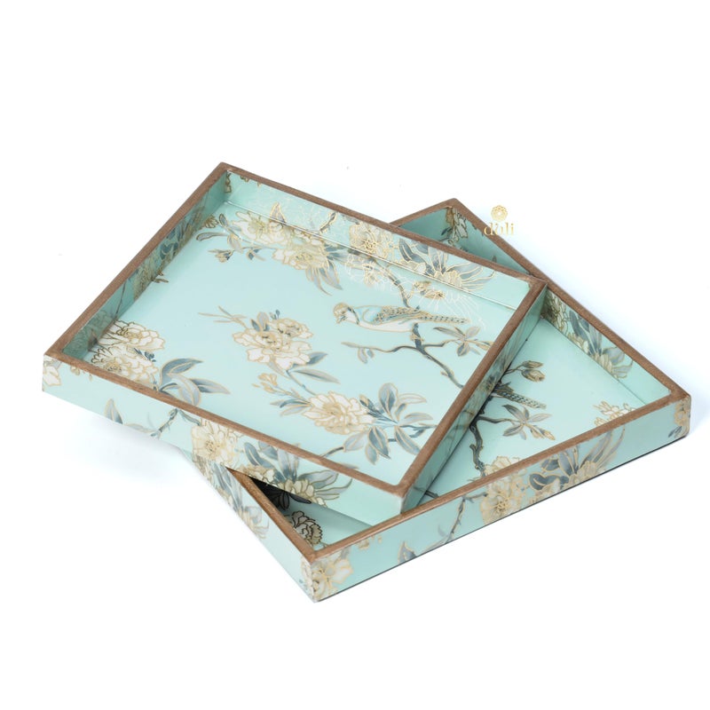 DULI مجموعة دُولي من 2 صينية خشبية MDF مطلية بالمينا | مجموعة صينيات مربعة من 2 | صينيات تقديم | صينية خشبية | ديكور المطبخ والطعام | صينية ريزين | 9x9 و 8x8 بوصة (مجموعة من 2 مربع - طيور أكوا ذهبية) - Image 5