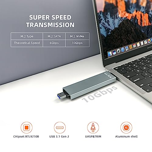 MAIWO M.2 إنكليوجر لـ NVMe و SATA SSD، إنكليوجر USB A إلى USB C لـ M أو B+M كي سائزات في 2230/2242/2260/2280، أقصى سرعة 10Gbps، دعم توسيع تخزين 4TB، علبة من سبائك الألمنيوم - Image 2