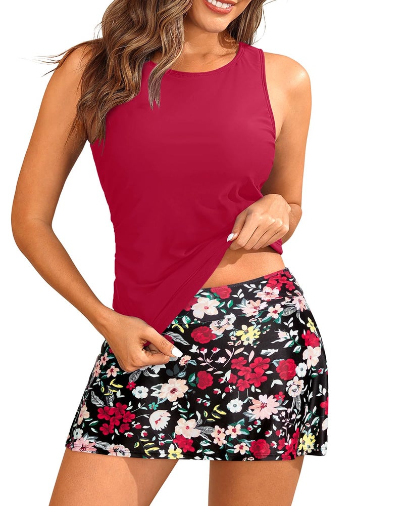 Daci Womens Red and Floral Tankini Swimsuits with Skirt - Two Piece Tummy Control Bathing Suits High Neck Swimwear L - Image 4