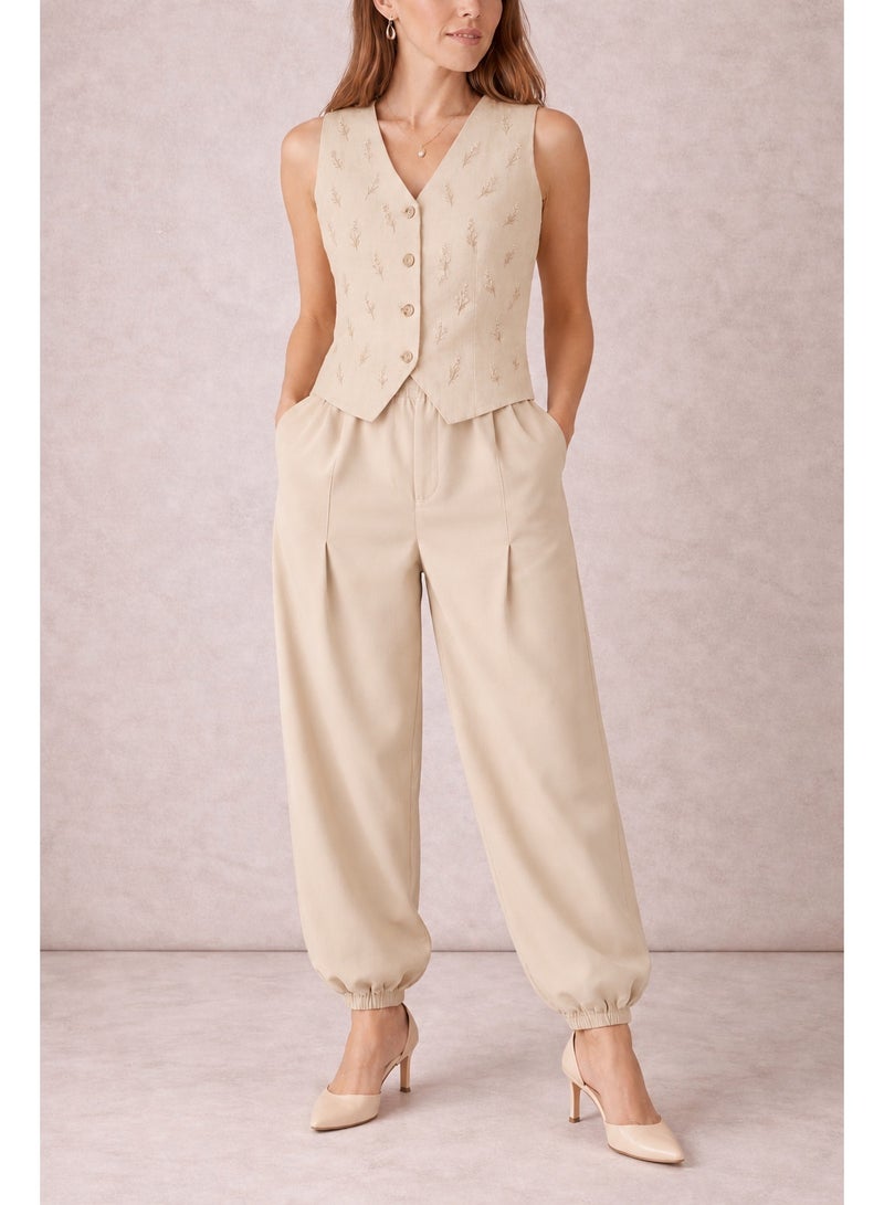 Women’s Coffee Brown Embroidered Vest & Trousers Suit