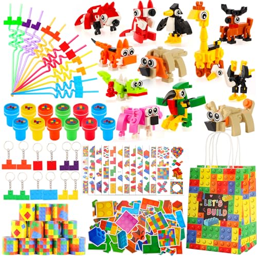 LiYiQ 134 Pcs Building Blocks Party Favors with Reusable Drinking Straws Animal Building Blocks Slap Bracelets Keychains Stamps Stickers and Gift Bags Gamer Birthday Party Supplies Building - Image 1