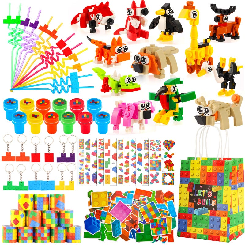 LiYiQ 134 Pcs Building Blocks Party Favors with Reusable Drinking Straws Animal Building Blocks Slap Bracelets Keychains Stamps Stickers and Gift Bags Gamer Birthday Party Supplies Building - Image 2