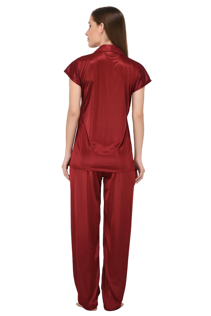 Fabme Women's Plain Satin Night Suit (Shirt and Pyjama) (Maroon) (Size - Large|| Bust 38") - Image 4