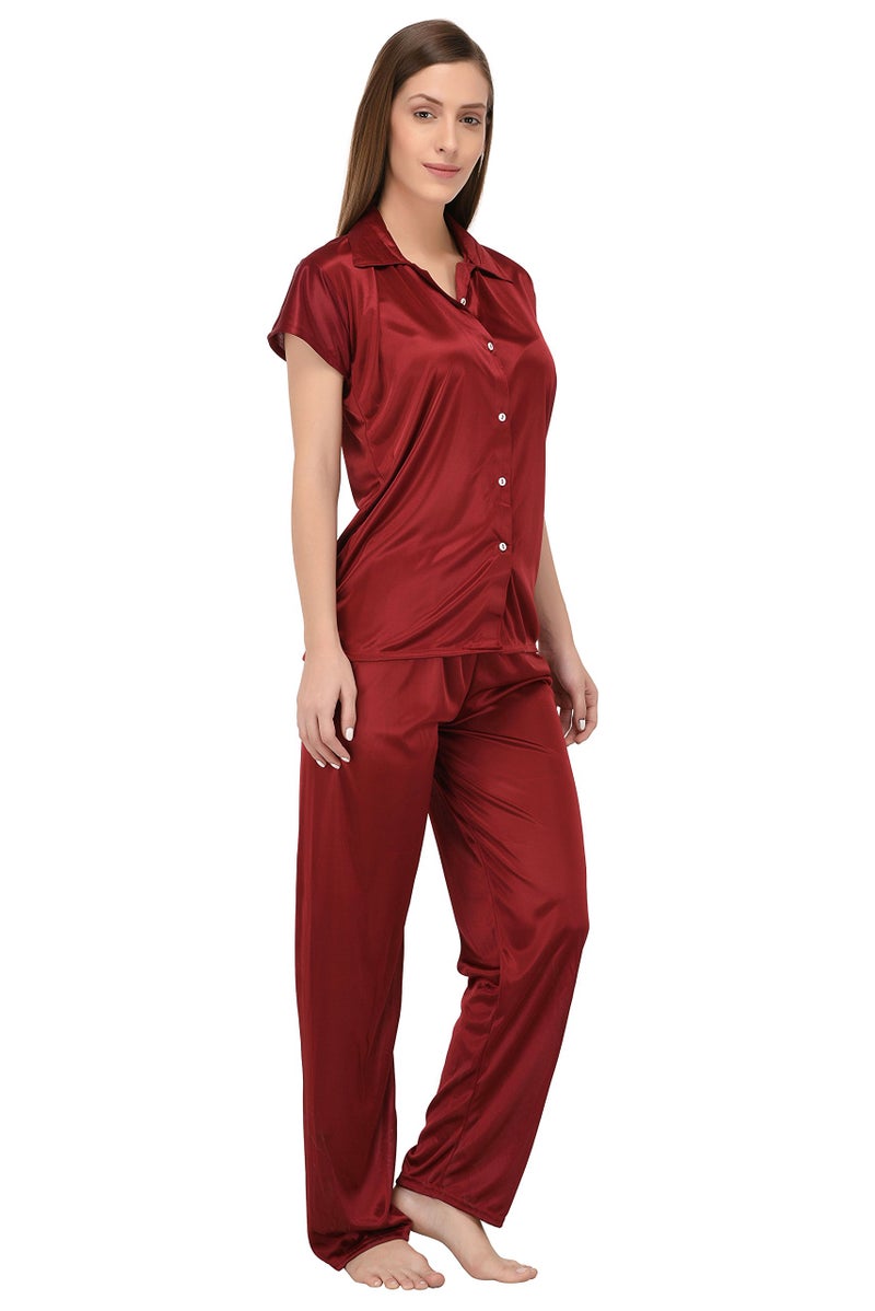 Fabme Women's Plain Satin Night Suit (Shirt and Pyjama) (Maroon) (Size - Large|| Bust 38") - Image 3
