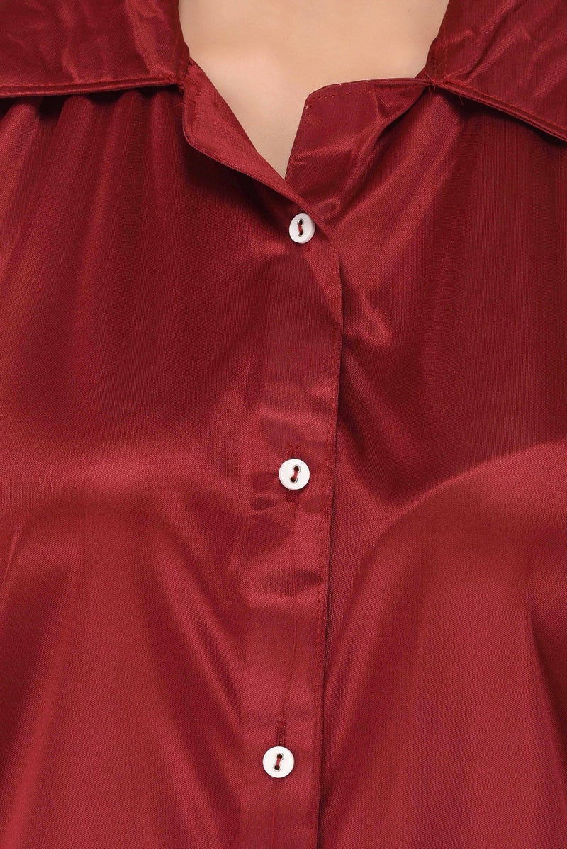 Fabme Women's Plain Satin Night Suit (Shirt and Pyjama) (Maroon) (Size - Large|| Bust 38") - Image 5