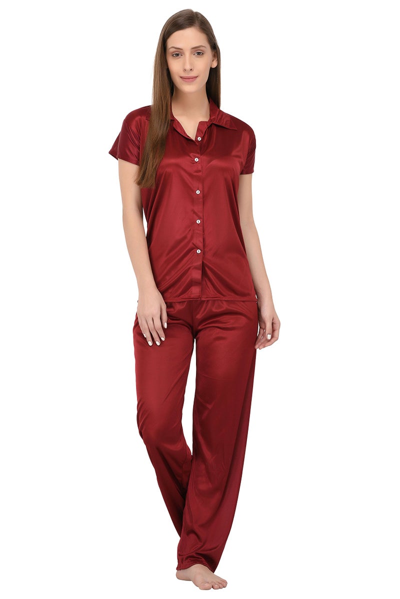 Fabme Women's Plain Satin Night Suit (Shirt and Pyjama) (Maroon) (Size - Large|| Bust 38") - Image 1