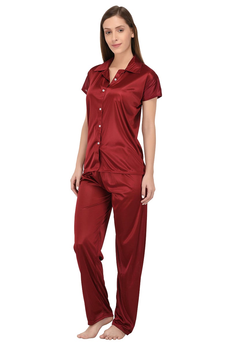 Fabme Women's Plain Satin Night Suit (Shirt and Pyjama) (Maroon) (Size - Large|| Bust 38") - Image 2