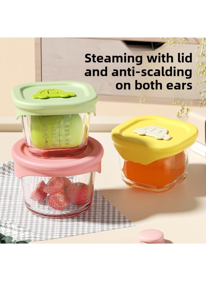 Large-capacity Food Supplement Box Sealed Storage Box Baby Glass Crisper Freezer Box Baby Food Supplement Bowl Can Be Steamed-Specifications:300ML Lemon Yellow Square  - Image 2
