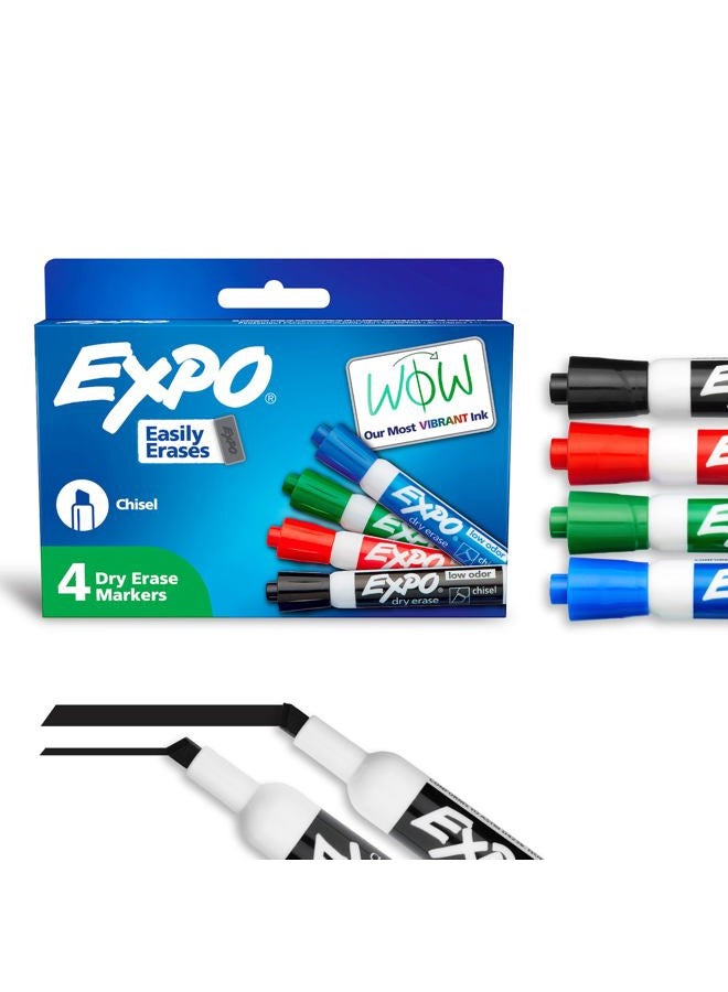 Expo Dry Erase Markers, Low Odor Ink, Assorted Colors, Chisel Tip, 4 Count - Easily Erases, Vibrant Ink, Ideal for Classroom, Back to School Supplies, Teachers, Office, Whiteboard & Home - Image 1