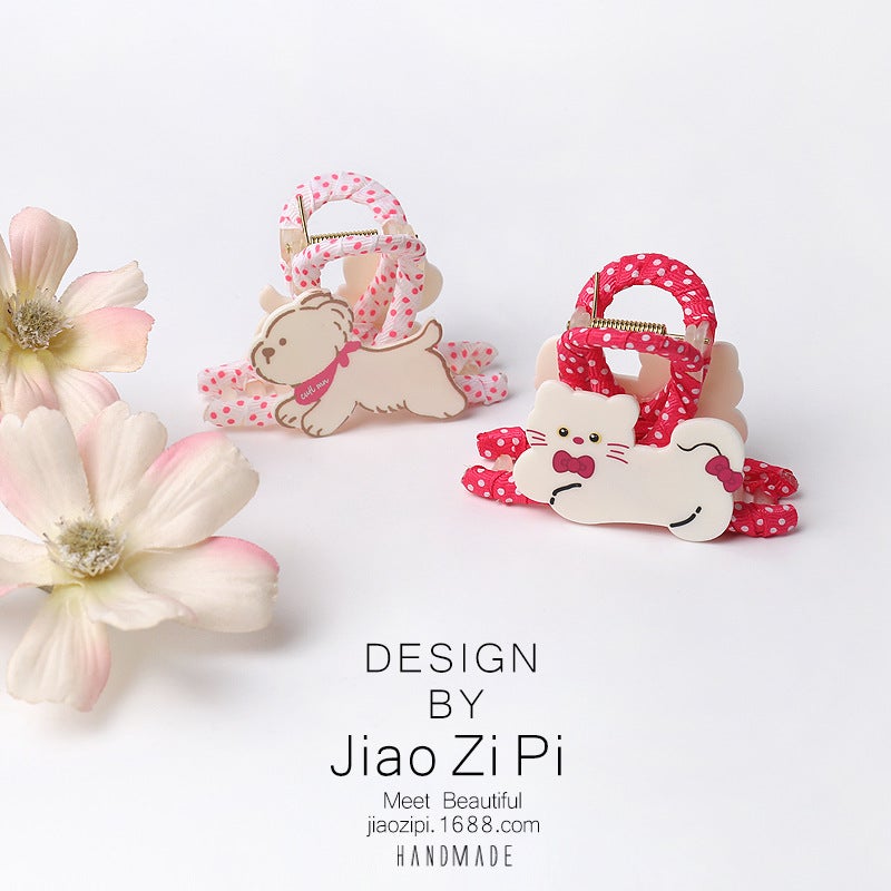 Cat and Dog Polka Dot Wrap Hair Claw Clip - Image 3