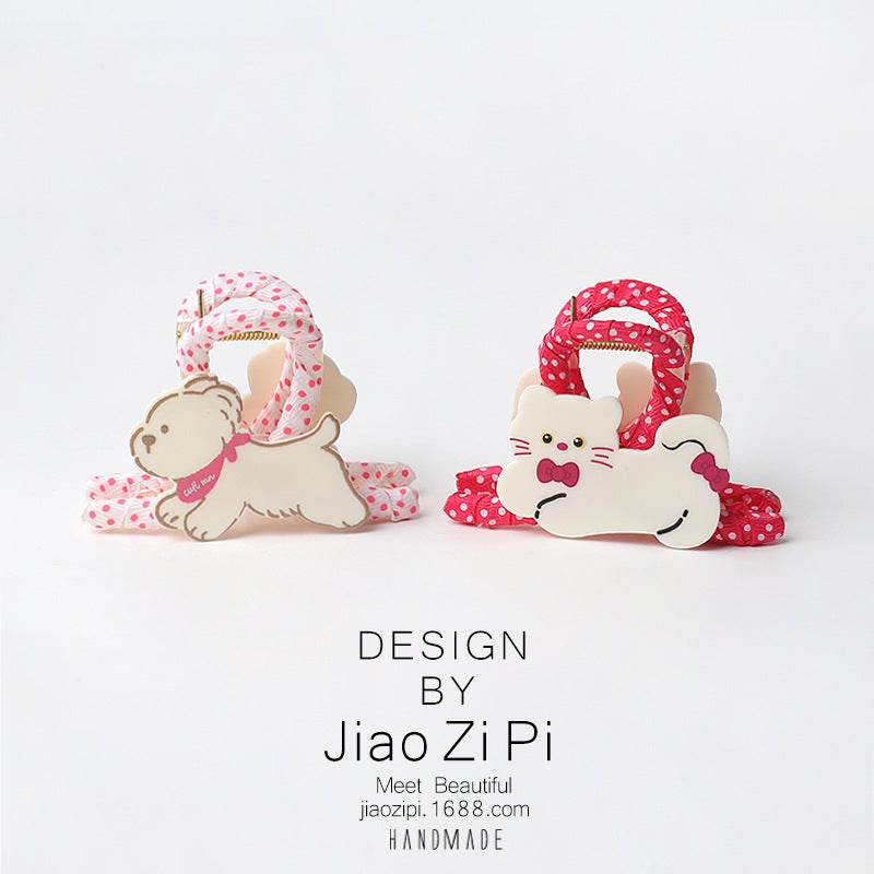 Cat and Dog Polka Dot Wrap Hair Claw Clip - Image 1