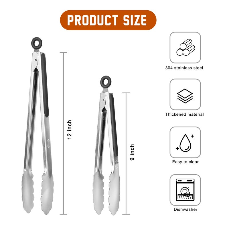 Tacgea Stainless Steel Kitchen Tongs Silicone Non-Slip Grip Locking Grilling Food Tongs Set Of 2 9-Inch & 12-Inch - Image 2