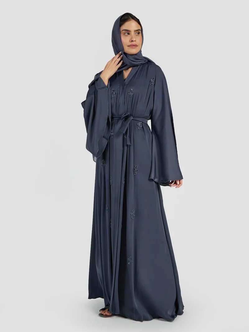 Reem Abayas Deep Charcoal Grey Beaded Abaya with Wide Sleeves