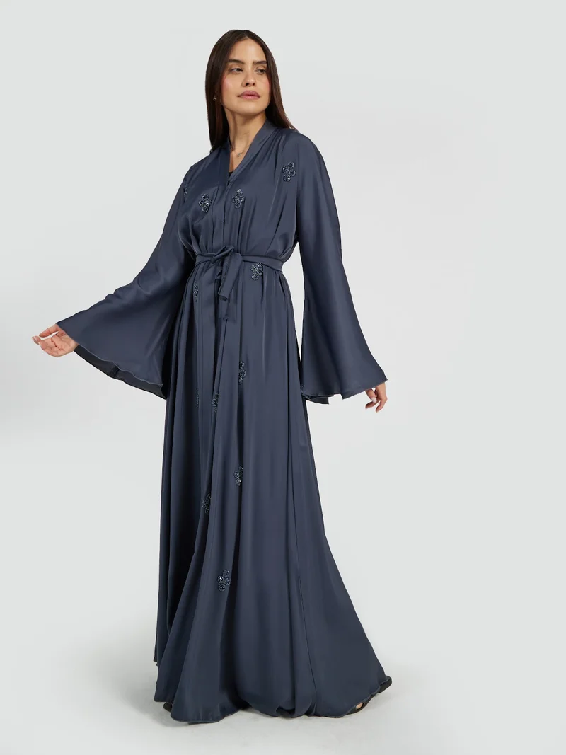 Reem Abayas Deep Charcoal Grey Beaded Abaya with Wide Sleeves