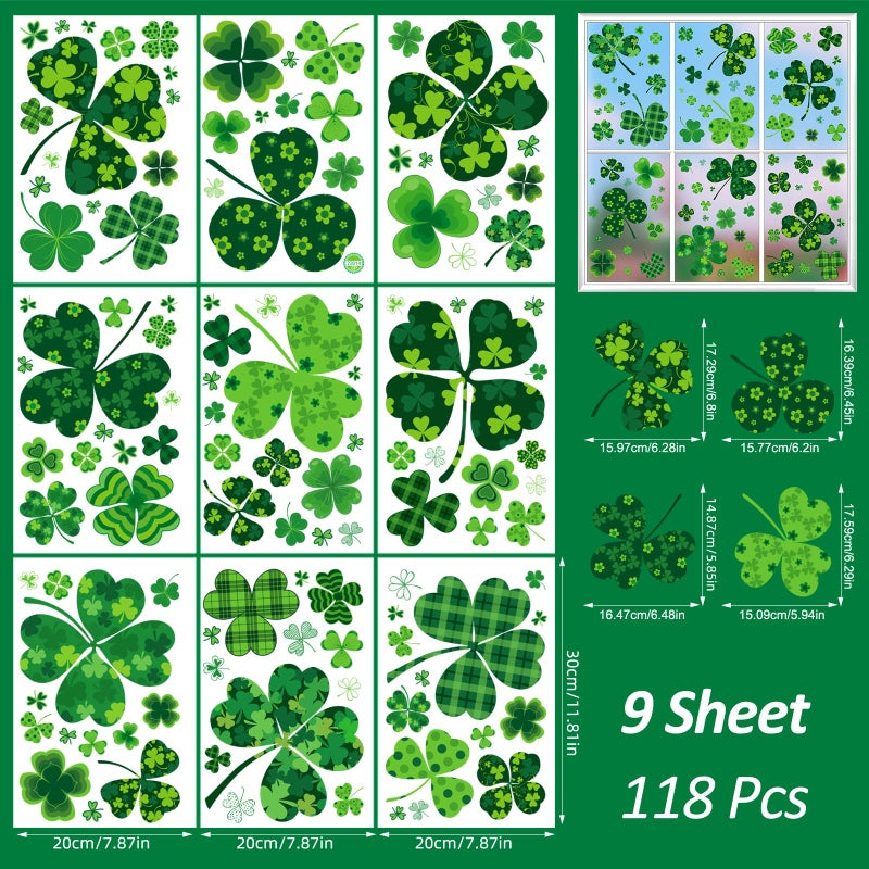 JCFIRE 118 Pcs St Patricks Day Decorations, 8 Sheets Extra Large Shamrock Stickers Window Clings Decor, St Patricks Day Accessories, Reusable Saint Party Supplies for Home Office School - Image 2