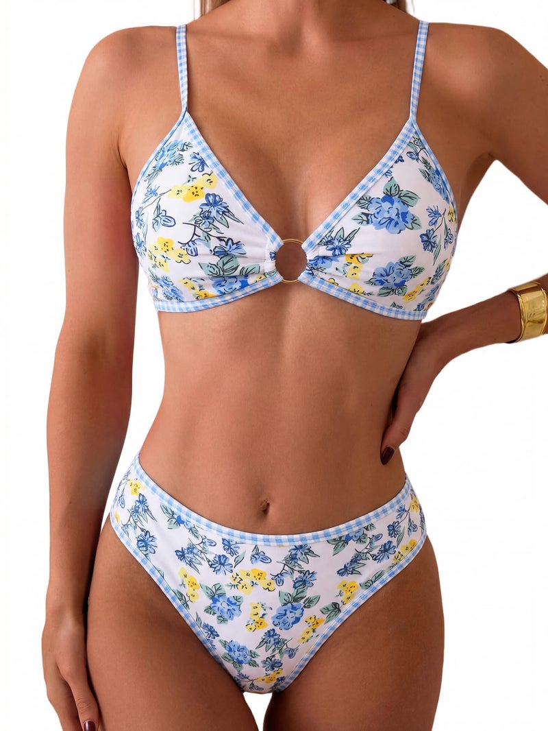 Tainehs Women's Two Piece Bikini Sets O Ring Front Top Ditsy Floral Triangle Swimsuits Cheeky Bathing Suit - Image 1