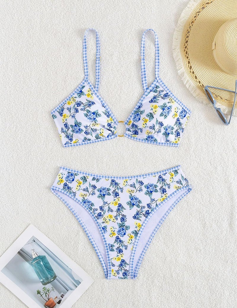 Tainehs Women's Two Piece Bikini Sets O Ring Front Top Ditsy Floral Triangle Swimsuits Cheeky Bathing Suit - Image 4
