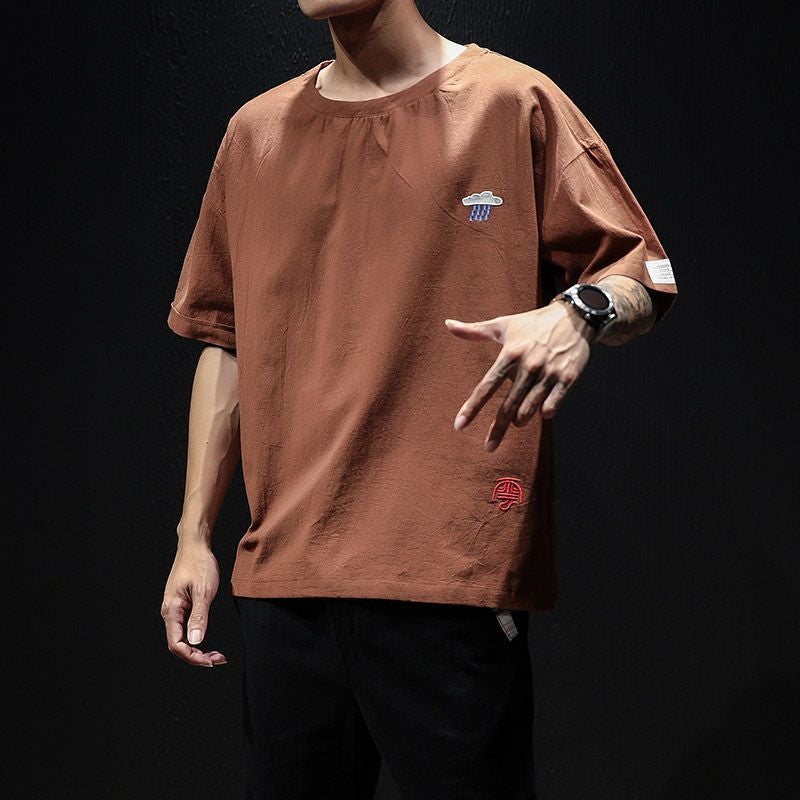 Linen T-shirt Men's Summer Thin Chinese Style Short-sleeved Embroidered Cotton Linen Half-sleeved Loose Top Trendy Brand Ice Silk T-shirt - Image 4