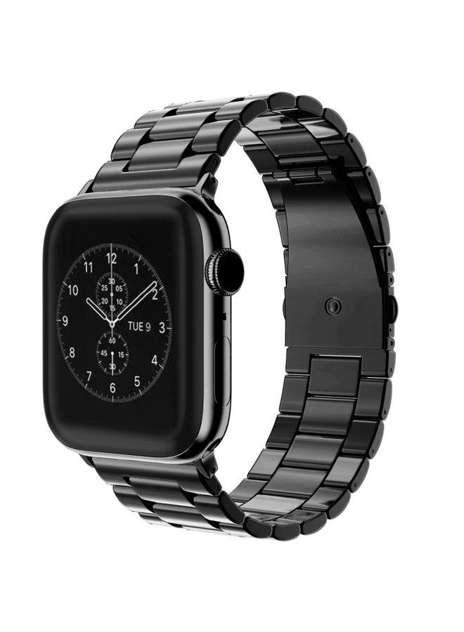 Replacement Strap For Apple Watch Series 9&8&7 41mm / SE 3&SE 2&6&SE&5&4 40mm / 3&2&1 38mm Fold Buckle 3 Beads Stainless Steel Watch Band Black 