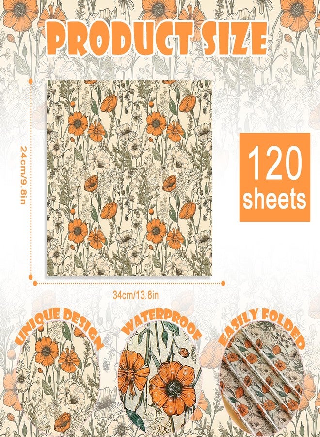 Fabllewavi 120 Sheets Orange Wildflower Garden Floral Wax Paper for Food Deli, 13.4 * 9.4‘’ Retro Floral Greaseproof Deli Paper for Sandwich Picnic Basket Liner Birthday Party Supplies - Image 2