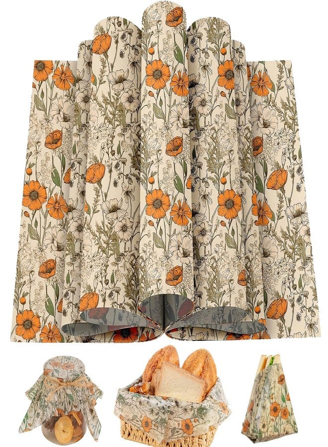 Fabllewavi 120 Sheets Orange Wildflower Garden Floral Wax Paper for Food Deli, 13.4 * 9.4‘’ Retro Floral Greaseproof Deli Paper for Sandwich Picnic Basket Liner Birthday Party Supplies - Image 1