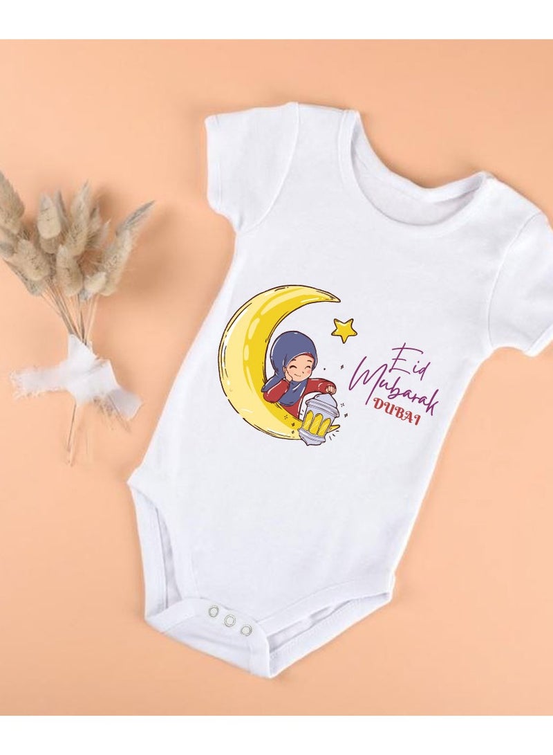 PRINTSHOP4ME My First Eid Dubai Printed Outfit - Romper for Newborn Babies - Short Sleeve Cotton Baby Romper for Baby Girls - Celebrate Baby's First Eid in Style - Gift for New Parents  - Image 2
