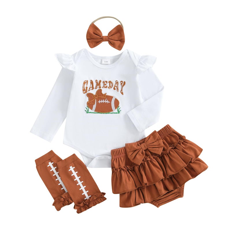 Rourufy Baby Girl Football Outfit Newborn Onesie Ruffle Tutu Skirt Stocking Set Infant Rugby Romper Fall Winter Clothes (B Game Day Brown, 3-6 Months) - Image 1