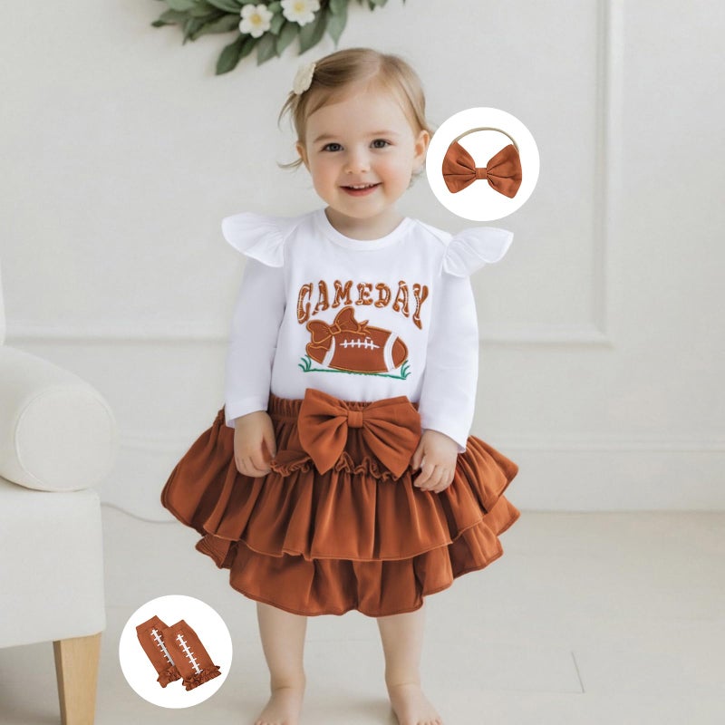 Rourufy Baby Girl Football Outfit Newborn Onesie Ruffle Tutu Skirt Stocking Set Infant Rugby Romper Fall Winter Clothes (B Game Day Brown, 3-6 Months) - Image 3