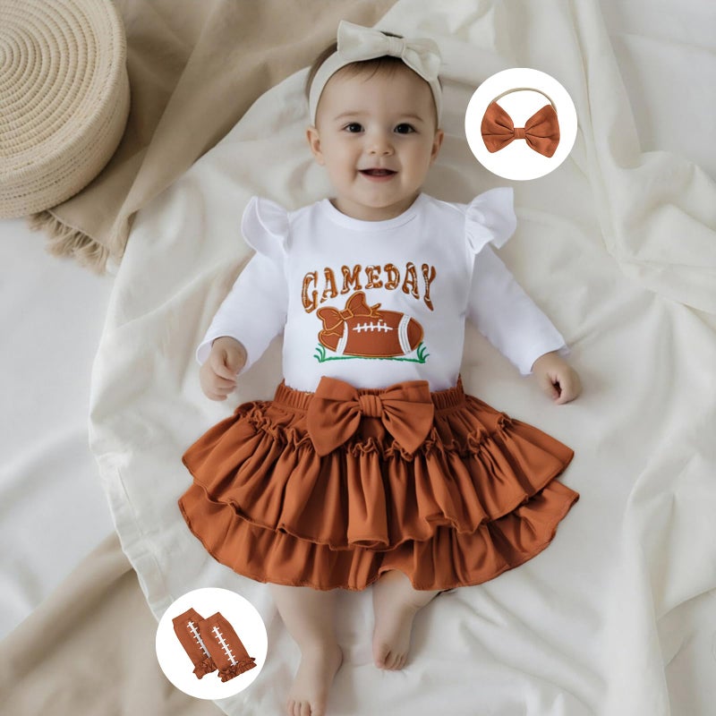 Rourufy Baby Girl Football Outfit Newborn Onesie Ruffle Tutu Skirt Stocking Set Infant Rugby Romper Fall Winter Clothes (B Game Day Brown, 3-6 Months) - Image 2