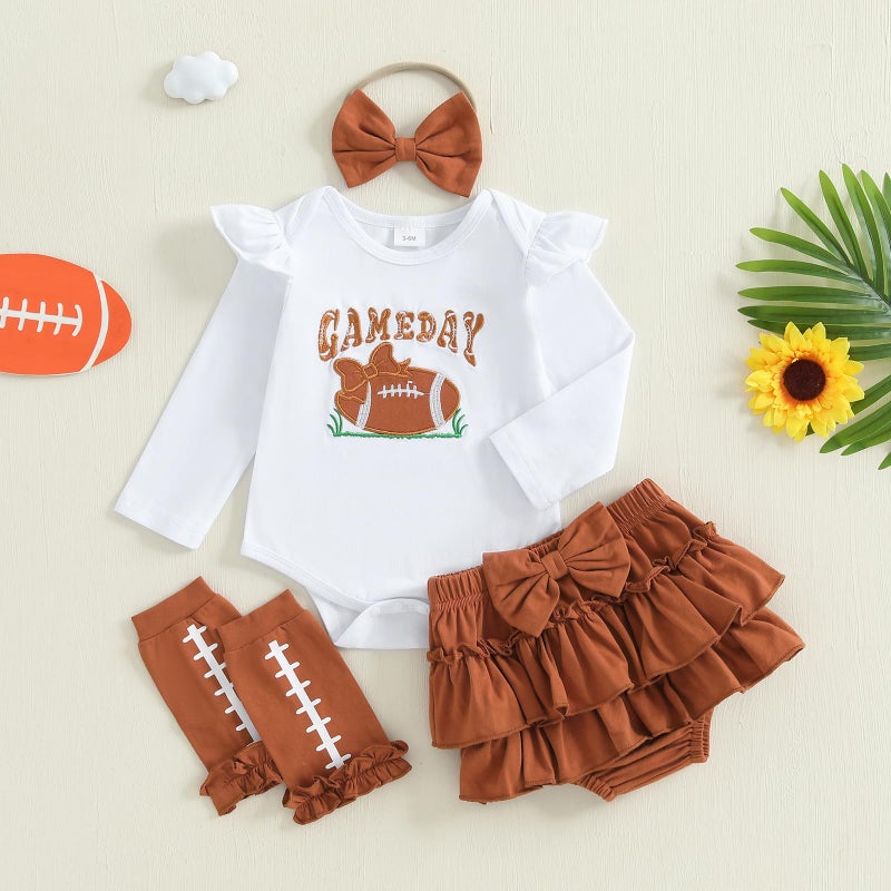 Rourufy Baby Girl Football Outfit Newborn Onesie Ruffle Tutu Skirt Stocking Set Infant Rugby Romper Fall Winter Clothes (B Game Day Brown, 3-6 Months) - Image 4