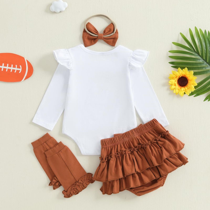Rourufy Baby Girl Football Outfit Newborn Onesie Ruffle Tutu Skirt Stocking Set Infant Rugby Romper Fall Winter Clothes (B Game Day Brown, 3-6 Months) - Image 5