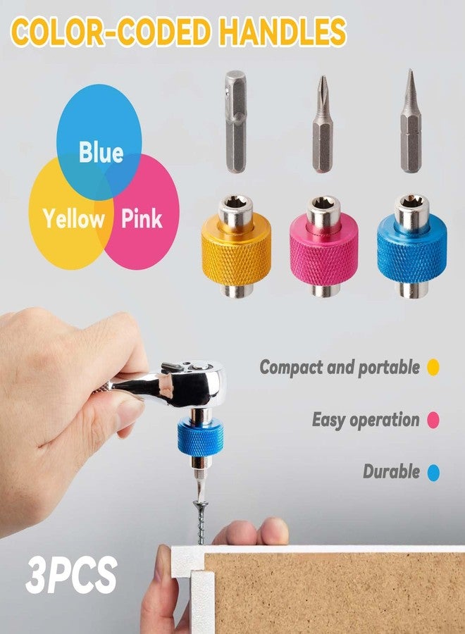 ياكاموز مجموعة مفكات براغي قصيرة من ياكاموز، 3 قطع، مقاس 1/4 بوصة - مفك براغي صغير 2 في 1 مع رأس فيليبس مشقوق ومحول محرك مربع، مفك براغي متعدد الوظائف بمقبض إصبع، مفك صواميل للمساحات الضيقة (وردي/أزرق/أصفر) - Image 4