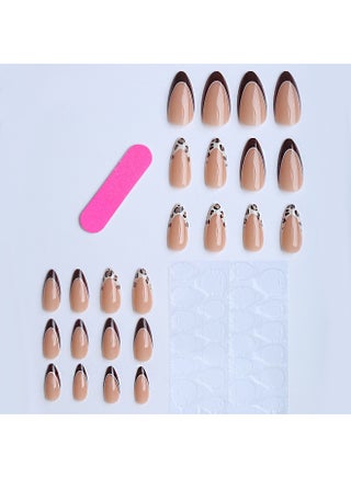 24Pcs Leopard Print French Tip Press on Nails, Long Almond Nude Brown Fake Nails, Trendy Animal Pattern Artificial Finger Nails, Reusable Glue-On Manicure for Women - view 2