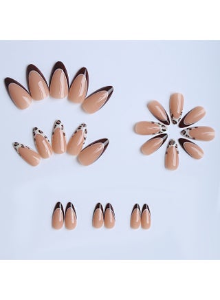 24Pcs Leopard Print French Tip Press on Nails, Long Almond Nude Brown Fake Nails, Trendy Animal Pattern Artificial Finger Nails, Reusable Glue-On Manicure for Women - view 3
