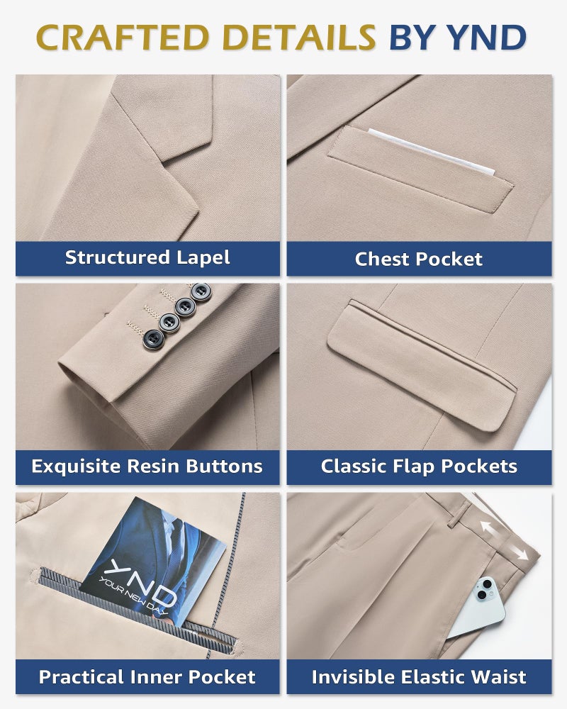 YND Men's Slim Fit 3 Piece Suit Set, One Button Solid Blazer Vest Pants with Tie, for Wedding Party Proms and Business, Khaki - Image 3