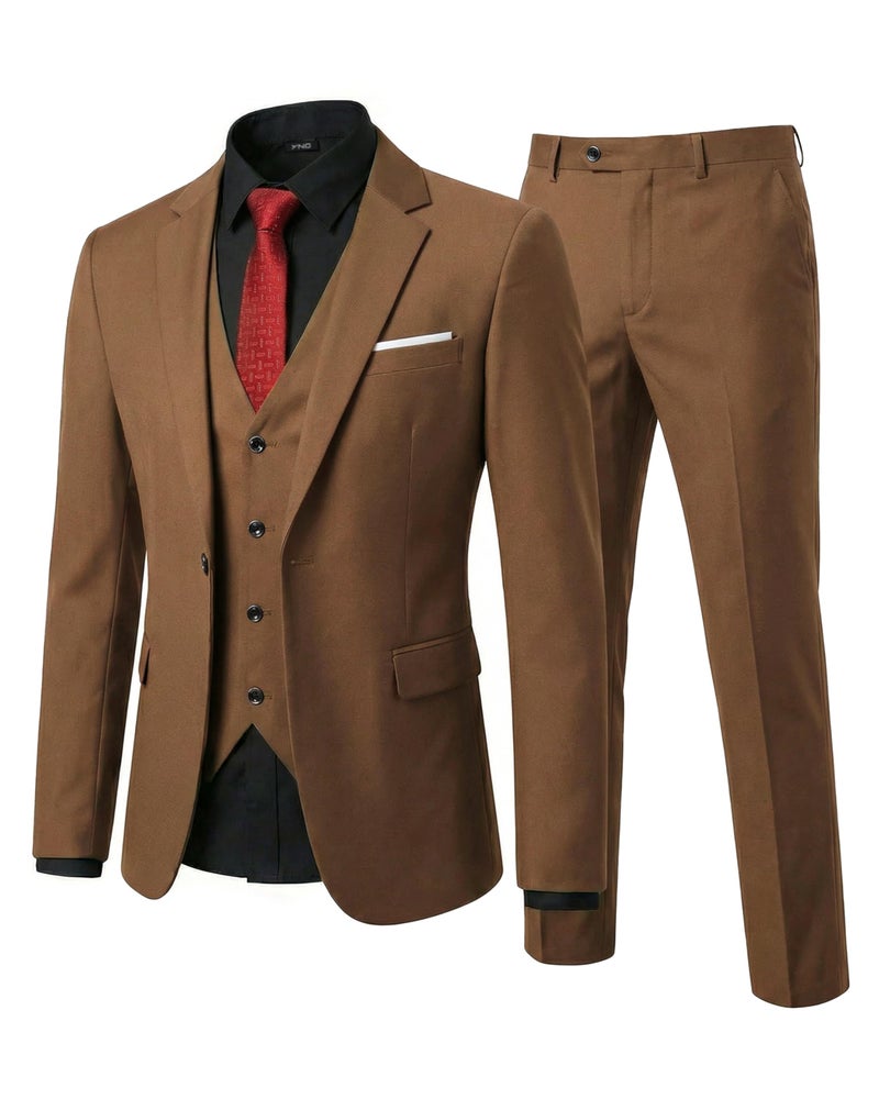 YND Men's Slim Fit 3 Piece Suit Set, One Button Solid Blazer Vest Pants with Tie, for Wedding Party Proms and Business, Khaki - Image 1