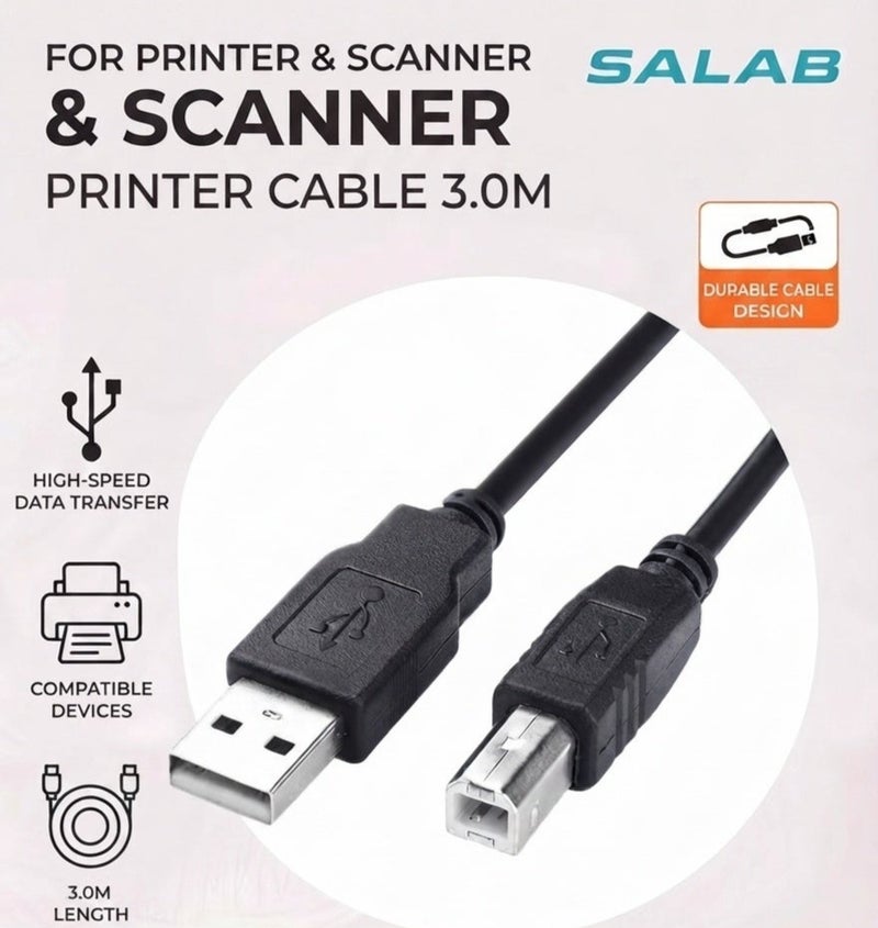 سالاب كابل طابعة USB كابل عالي السرعة لجميع الطابعات والماسح الضوئي بمنفذ USB بطول 3 متر - Image 1