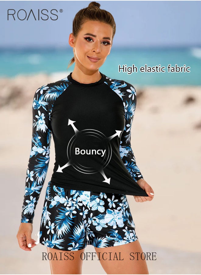 roaiss - Women One Piece Swimsuit with Boxer Shorts Fashionable Print Design One Piece Beach Suit Women Long Sleeved Sun Protection Surfing Wetsuit - Image 1