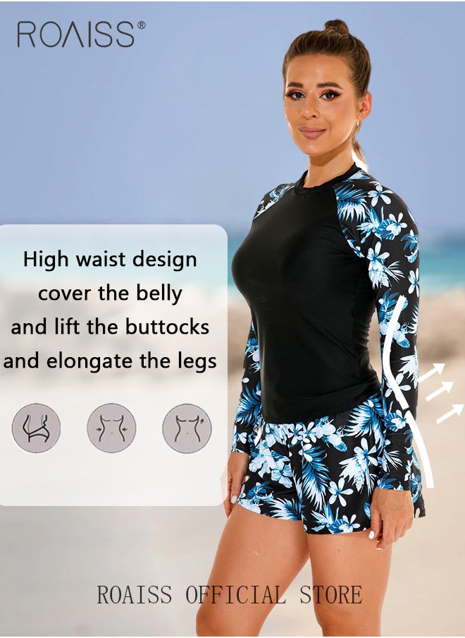 roaiss - Women One Piece Swimsuit with Boxer Shorts Fashionable Print Design One Piece Beach Suit Women Long Sleeved Sun Protection Surfing Wetsuit - Image 1