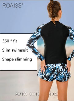 roaiss Women One Piece Swimsuit with Boxer Shorts Fashionable Print Design One Piece Beach Suit Women Long Sleeved Sun Protection Surfing Wetsuit  - Image 4