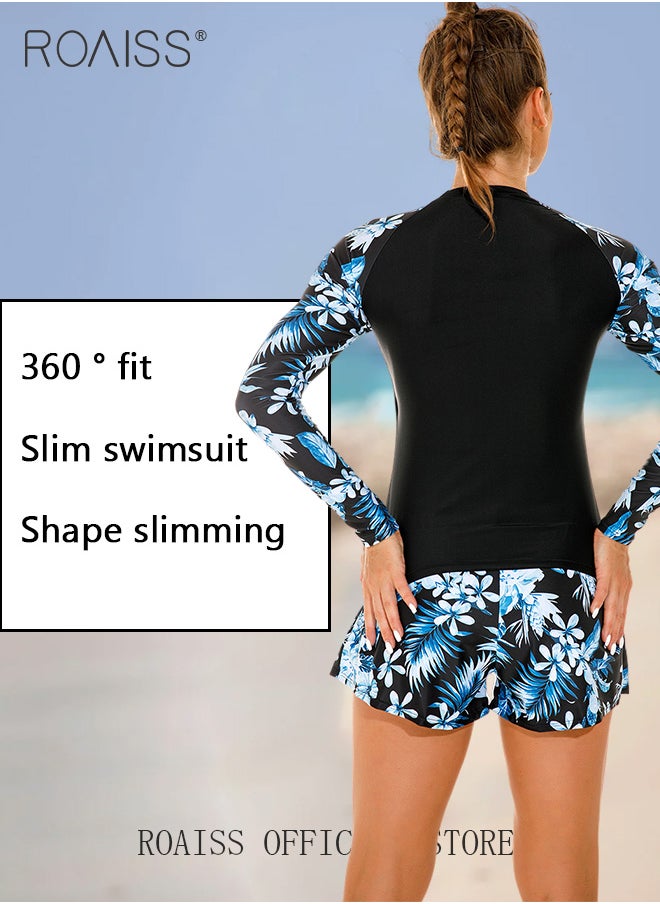 roaiss - Women One Piece Swimsuit with Boxer Shorts Fashionable Print Design One Piece Beach Suit Women Long Sleeved Sun Protection Surfing Wetsuit - Image 1